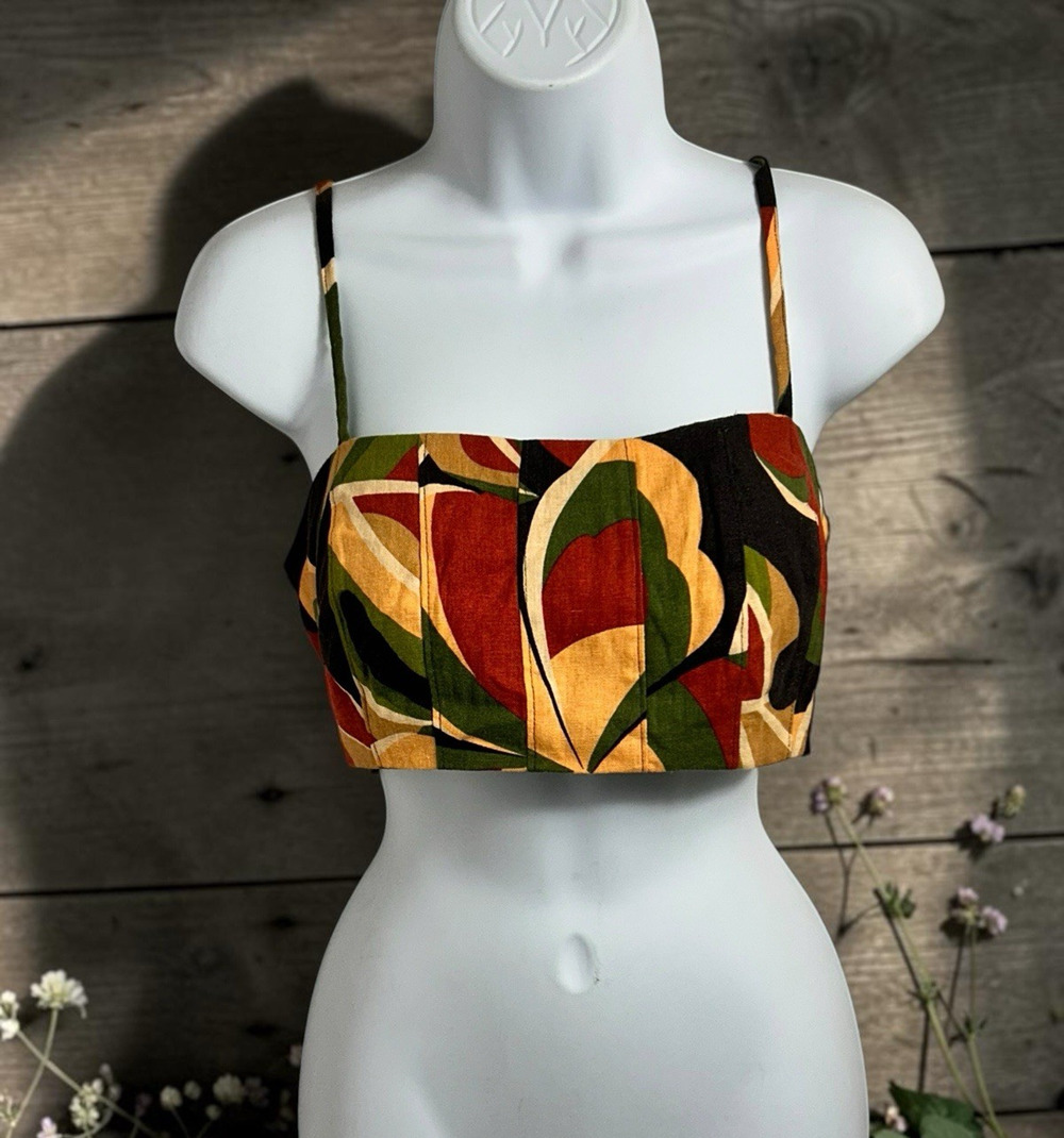 House of Harlow 1960 Tropical Crop Top Sz Small Smocked Linen Blend Blouse